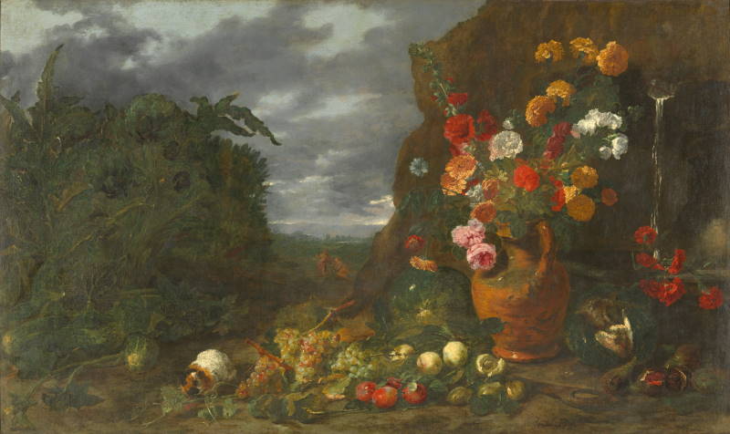 Bloemen en vruchten in een landschap met een Noli me tangere