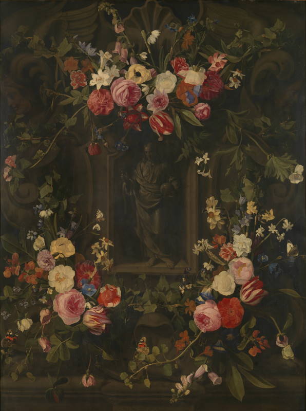 Salvator Mundi in een met bloemen versierde nis