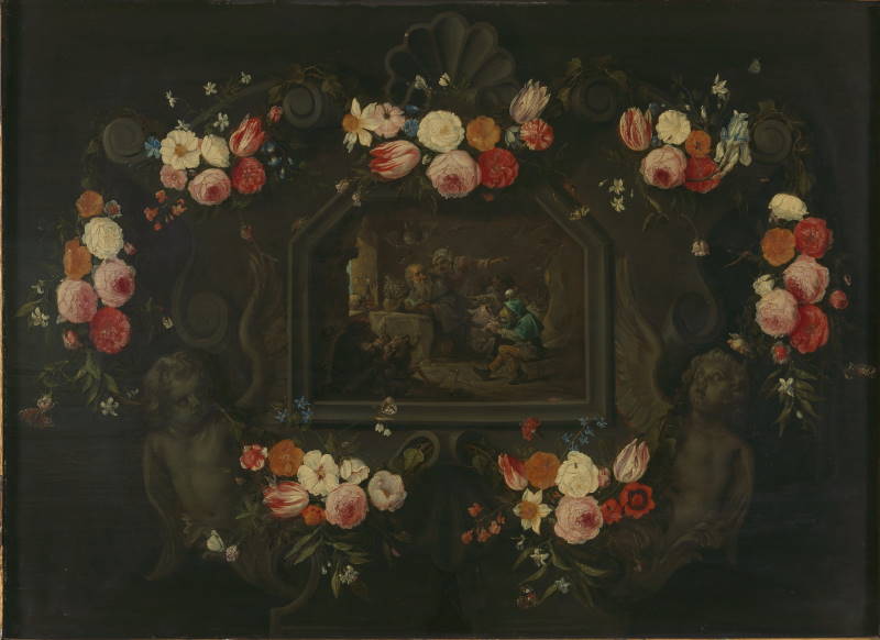 Cartouche versierd met bloemen als omlijsting van een Bekoring van Sint Antonius